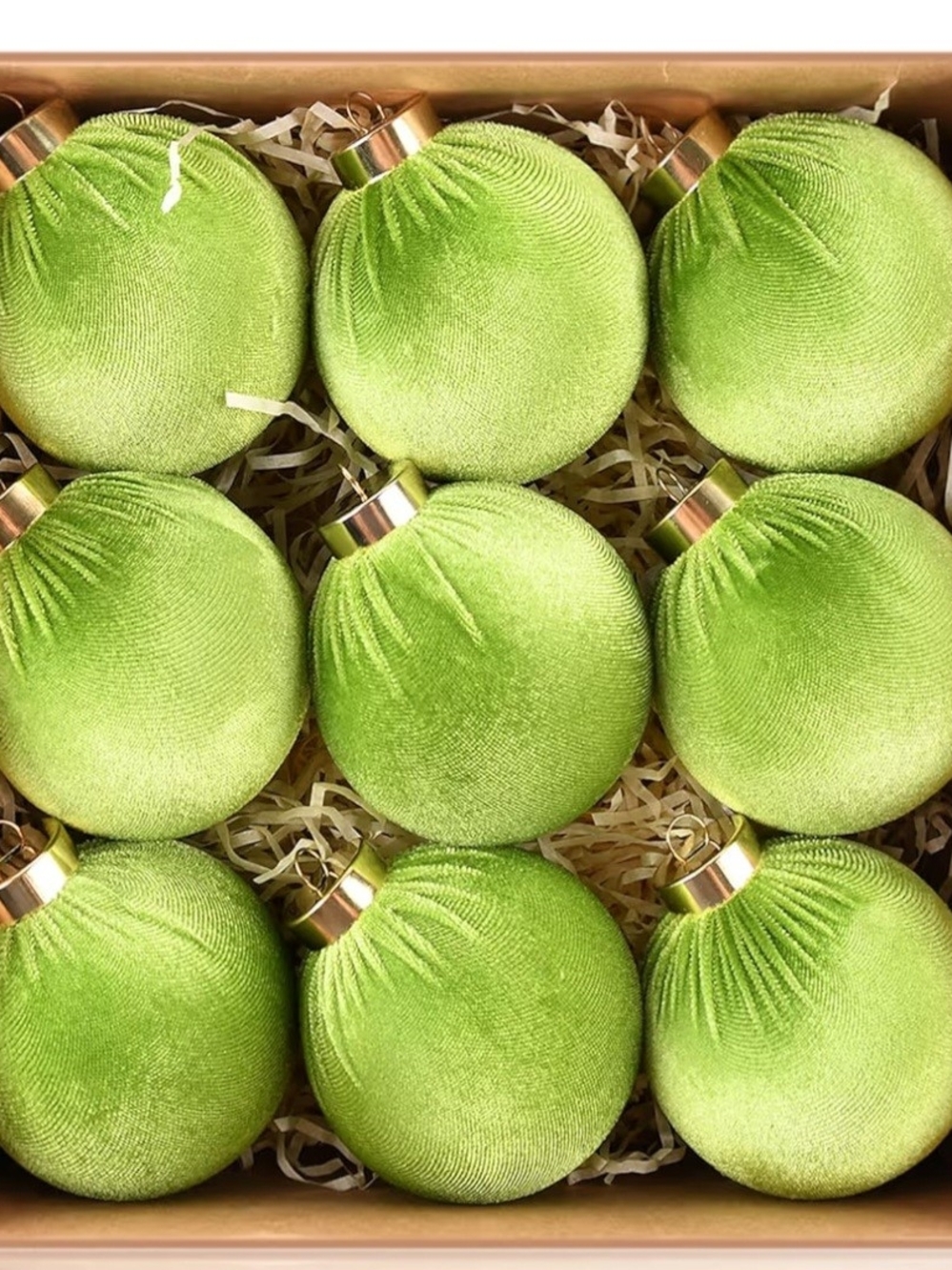 Lime Green Velvet Holiday Ornament Set -12 Pieces. NEW.